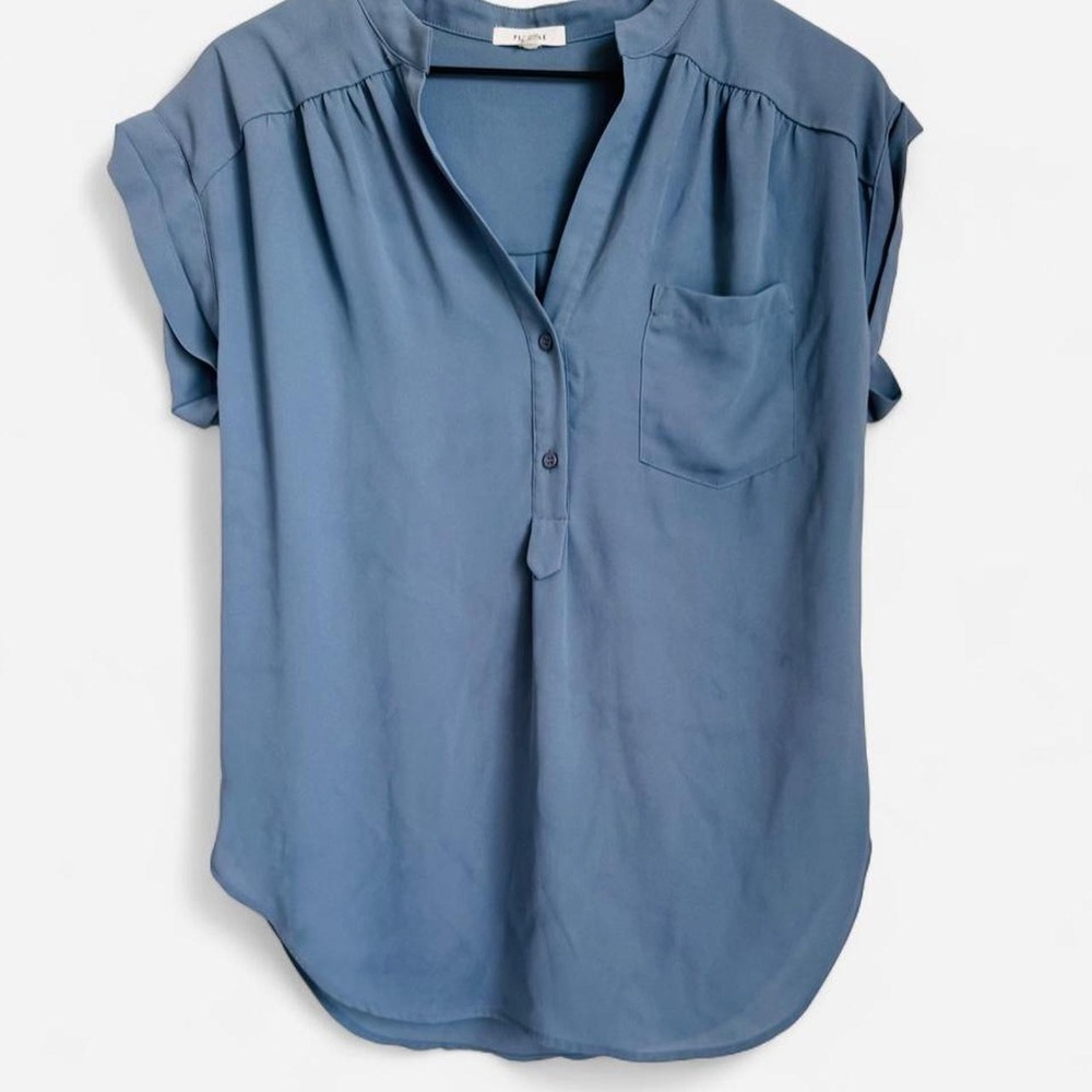 Pleione Short Sleeve Button Up Blouse Top Blue L